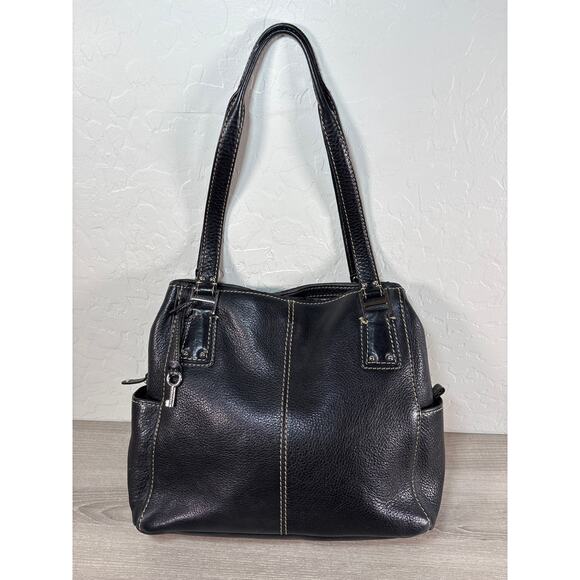 Vintage Fossil 75082 Black Pebbled Leather Handbag Silver Hardware Key - Picture 1 of 8